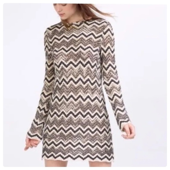 Zara Dresses & Skirts - Zara Long Sleeves Chevron Knit Zig Zag Cream and Black Dress-medium